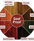 Color wheel displaying various wood stain colors including Pecan, for Built Tough Total Game Changer Rock Solid Protection.