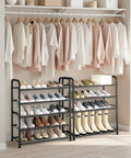 Beefy 5-Tier Metal Shoe Rack With Mesh Shelves For Entryway, Closet Or Garage, organized under hanging clothes in closet