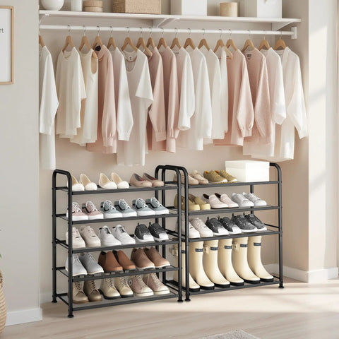 Beefy 5-Tier Metal Shoe Rack With Mesh Shelves For Entryway, Closet Or Garage, organized under hanging clothes in closet