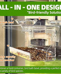 Close-up of a Crystal Clear Window Bird Feeder With Non Marking Self Adhesive Hooks showing food tray and bird bath bowl.