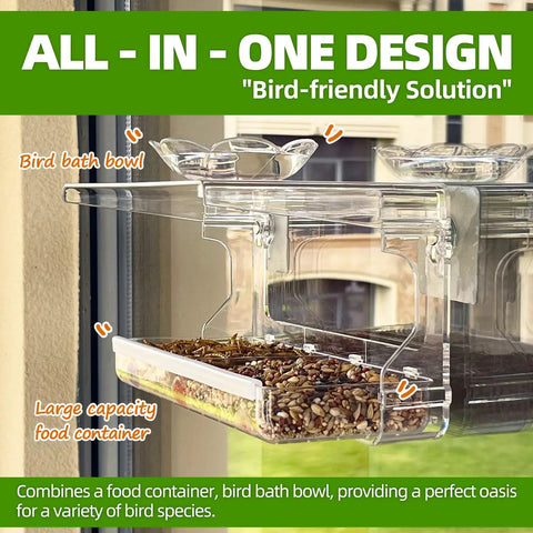 Close-up of a Crystal Clear Window Bird Feeder With Non Marking Self Adhesive Hooks showing food tray and bird bath bowl.