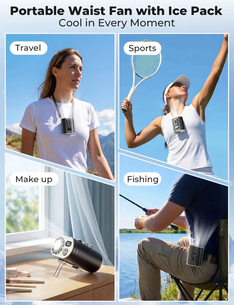 Collage of people using Waist Belt Clip Cooling Fan With Ice Cooling Instant Chill To 50F for travel, sports, makeup, and fishing.