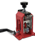 Heavy Duty Manual Copper Wire Stripping Machine For 18 AWG To One And A Half Inch Cable Drill Powered Or Hand Crank Beast Of An Industrial Cable Stripper For Solid And Stranded Wire, featuring red aluminum frame with handle and stripping blades.
