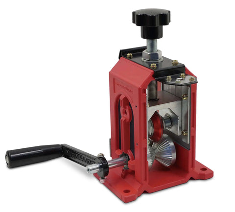 Heavy Duty Manual Copper Wire Stripping Machine For 18 AWG To One And A Half Inch Cable Drill Powered Or Hand Crank Beast Of An Industrial Cable Stripper For Solid And Stranded Wire, featuring red aluminum frame with handle and stripping blades.