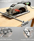 Adjustable Circular Saw Guide Rail With Bullseye Accurate 20 Inch Positioning Calipers For Clean Stainless Steel Rip Cuts And Dead Straight Woodworking Cut Lines That Keep Your Layout Tight From Start To Finish on wood with a smooth rolling cutting guide.