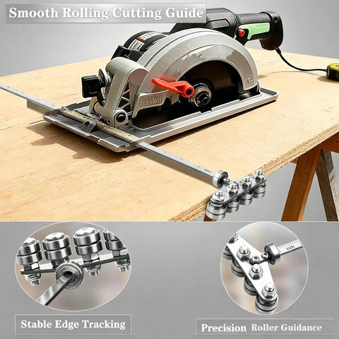 Adjustable Circular Saw Guide Rail With Bullseye Accurate 20 Inch Positioning Calipers For Clean Stainless Steel Rip Cuts And Dead Straight Woodworking Cut Lines That Keep Your Layout Tight From Start To Finish on wood with a smooth rolling cutting guide.