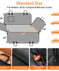 Diagram showing dimensions of Heavy Duty Waterproof Dog Car Seat Cover Hammock With Side Flaps for Cars and SUVs, 600D material details.
