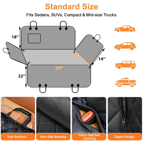 Diagram showing dimensions of Heavy Duty Waterproof Dog Car Seat Cover Hammock With Side Flaps for Cars and SUVs, 600D material details.