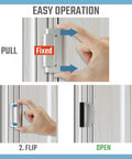 Triple Pack Door Reinforcement Lock For Home Security With Childproof Safety Heavy Duty Aluminum Frame Lock For Inward Swinging Doors Easy Install With Strong Screws Prevent Unauthorized Entry Silver Finish showing operation steps