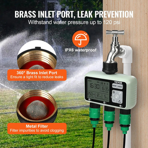 Three Zone Hose Water Timer With Independent Outlets And LCD Display Rain Delay And Manual Mode 360 Degree Brass Inlet Metal Filter IPX6 Waterproof Sprinkler Controller
