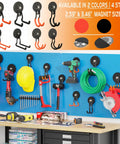 Magnetic Hooks 2 Pack Heavy Duty With Anti Slip Coating And Non Slip Bent Design For Garden Tools And Ropes 20 Lb Capacity Pegboard And Metal Cabinet Organizer For Drills displayed on pegboard with tools.