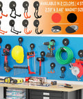 Built Tough Magnetic Hooks 2 Pack Heavy Duty Large Magnetic Hangers securing tools on a pegboard in garage workshop.