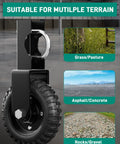 6 Inch Gate Wheel Heavy Duty Caster For Metal Gate Tubes 330 Lb Capacity Under Mount Sliding Gate Roller With Rubber Tire And Steel Plate Built For Farm Fence Use 1 Pack Tough As Nails And Easy Rolling shown on various terrains including grass, concrete, and gravel.