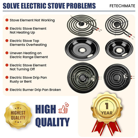 Black Porcelain Drip Pan and MP22YA Burner Replacement for Frigidaire Kenmore Tappan Electric Stovetops shown with quality badges