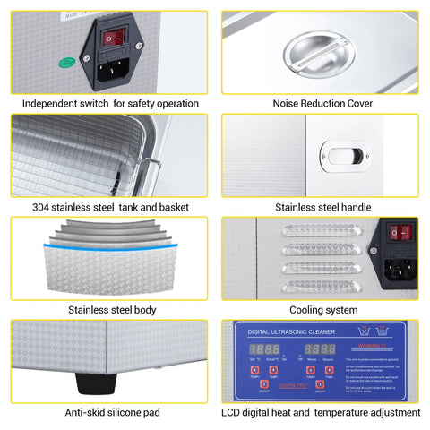 6.5 Liter Commercial Ultrasonic Cleaner With 40khz Kick And Built In Heater Hella Effective At Jewelry Watches Lab Parts Stainless Steel Tank Digital Timer Controls showing stainless steel tank and LCD controls.