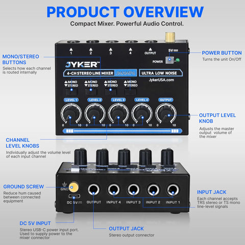 Front and back view of Four Channel Stereo Line Mixer For Studio Stage And Rehearsal Setups Compact USB C Powered Audio Mixer