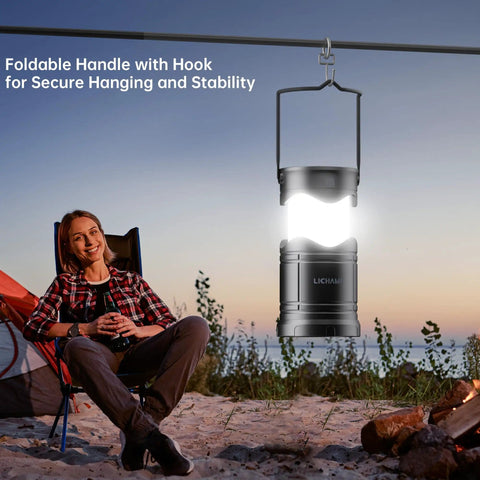 Must Have 2 Pack Solar Camping Lanterns USB Rechargeable LED Lanterns with foldable handle hanging outdoors at sunset