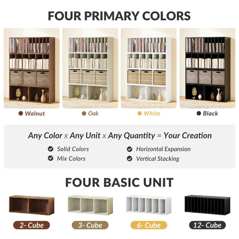 Four colors of the DIY Modular Cube Bookcase System With 23 Cube Open Shelves Stackable And Expandable Cube Set for Books.