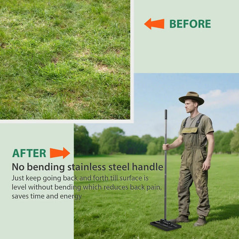 Man using Heavy Duty Lawn Leveling Rake With 17 Inch Wide Head And 10 Inch Depth, 78 Inch Adjustable Stainless Steel Handle
