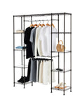 Expandable Metal Hanging Closet Organizer And Storage Rack Wardrobe With Adjustable Height Shelves And Adjustable Width Hanging Rods 10 Shelves Each Holds 100 Pounds Bronze 57 To 80 Inches Long 14 Inches Wide 72 Inches High displaying clothes and shoes