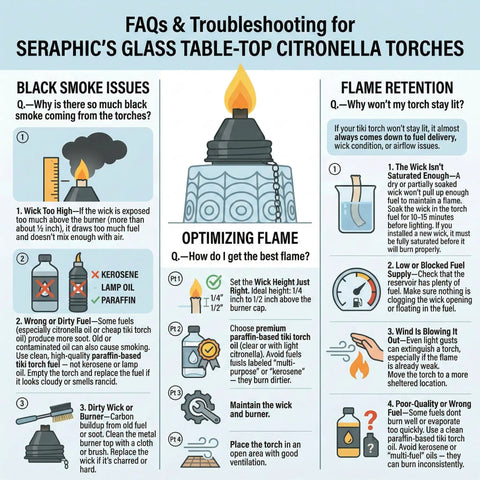 Illustration of FAQs and troubleshooting for Seraphic's glass table-top citronella torches, including black smoke issues and flame retention.