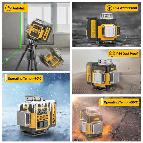 Pro Grade 4x360 Green Laser Level With Self Leveling And Pulse Outdoor Mode High Brightness 360 Degree Horizontal And Vertical Lines Rechargeable Battery Includes Carry Case Lift Base Glasses And Target Plate, IP54 outdoor use