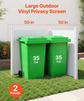 Outdoor Vinyl Privacy Fence Panels 50 Inches Wide By 50 Inches High Two Panel Set For Hiding Trash Cans AC Units And Pool Equipment Wind Resistant Backyard Enclosure That Keeps Your Space Neat HOA Friendly with green trash cans in front.