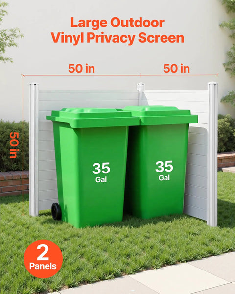 Outdoor Vinyl Privacy Fence Panels 50 Inches Wide By 50 Inches High Two Panel Set For Hiding Trash Cans AC Units And Pool Equipment Wind Resistant Backyard Enclosure That Keeps Your Space Neat HOA Friendly with green trash cans in front.