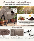 Dual Chamber 37.5 Gallon Rotating Compost Tumbler With Locking Doors No Fuss BPA Free Outdoor Bin For Garden Yard Farm Waste 360 Degree Turn Easy Build Wood Grain Style Compost Bin with lockable doors and wood-grain finish.
