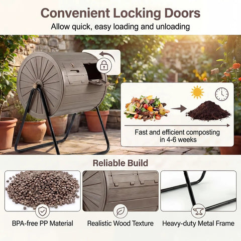 Dual Chamber 37.5 Gallon Rotating Compost Tumbler With Locking Doors No Fuss BPA Free Outdoor Bin For Garden Yard Farm Waste 360 Degree Turn Easy Build Wood Grain Style Compost Bin with lockable doors and wood-grain finish.