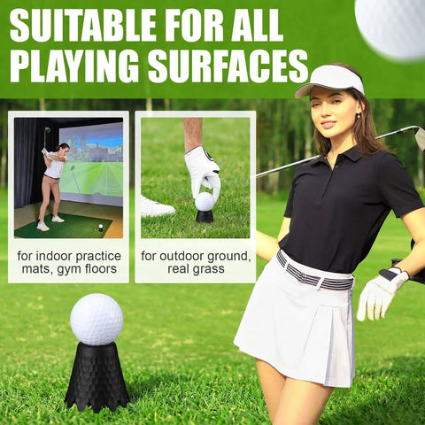 Eight Piece Golf Tees Set For Indoor Simulator And Practice Mat Plastic Tees With Consistent Height From Quarter Inch To Two Inches In Quarter Inch Steps Flexible Durable Polymer For Steady Swings And Realistic Driving Range visible on grass with a golfer in the background.