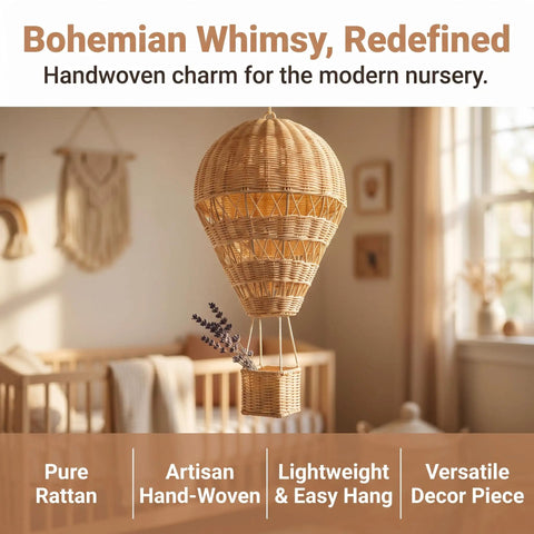 Natural Rattan Woven Hot Air Balloon Wall Decor For Nursery And Kids Room Boho Chic Dreamy Vibe With Handmade Texture