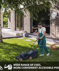 Person mowing lawn near durable dusk to dawn outdoor porch light with GFCI outlet and two receptacles on brick wall.