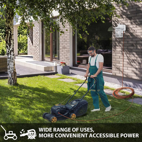 Person mowing lawn near durable dusk to dawn outdoor porch light with GFCI outlet and two receptacles on brick wall.