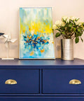 Blue dresser with 15 Pack Dope Modern Cabinet Hardware Pulls, Sleek Light Brass Cup Pulls for Dresser Drawers visible