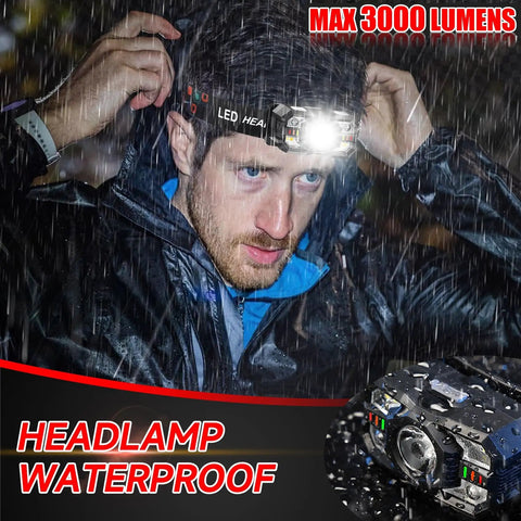Rechargeable 6 Pack Headlamp Set With 3000 Lumens Ultra Bright LED Headlight With White And Red Light Motion Sensor in rain