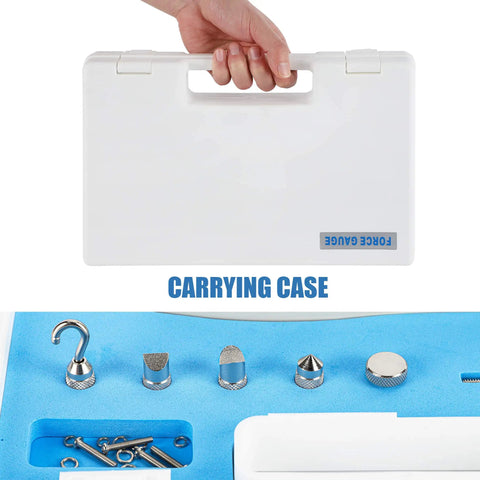 Pro Grade 100 Pound Push Pull Force Gauge With Calibration Certificate Tough ABS Shell Precise 0.5 Pound Resolution 10mm Stroke Great For Tension And Compression Testing Backed By Real Tech Support carrying case with foam inserts and accessories