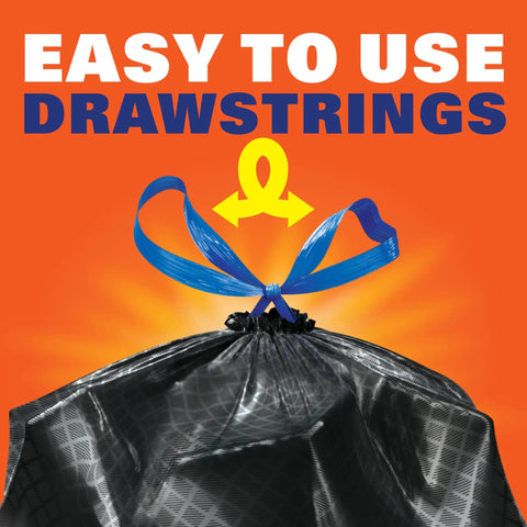 Image emphasizing easy to use drawstrings on Ultra Strong 13 Gallon Black Trash Bags Tall Kitchen Garbage Bags With Drawstring Enclosure.
