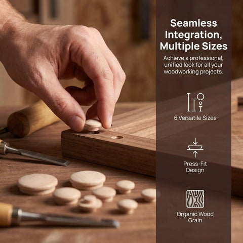 Hand installing Wood Plug Screw Hole Covers Set 160 Pcs For Furniture And Beds Mushroom Head Hardwood Stoppers in wood surface