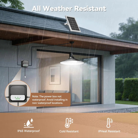 2000 Lumen Solar Shed Light With Pull Chain Switch Heavy Duty Waterproof Pendant Lamp For Garage Patio And Basement Dusk To Dawn Sensor installed under rain with solar panel on roof.