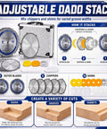Top Shelf 8 Inch Stacked Dado Blade Set Packing 42 Razor Sharp Teeth And 24 Precision Shims For Standard Five Eight Inch Arbor Table Saws Cuts Clean Like Butter Without Breaking A Sweat in an organized display with storage case.