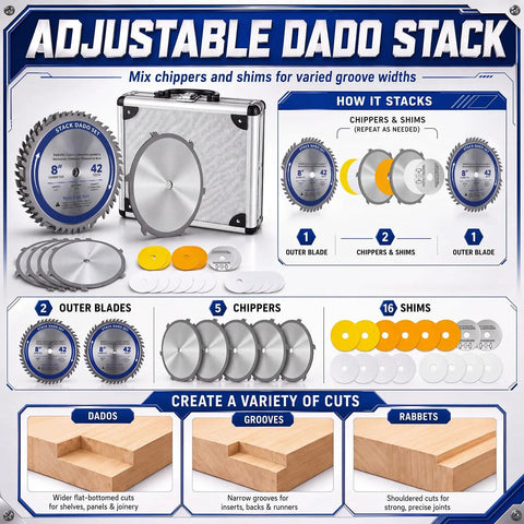 Top Shelf 8 Inch Stacked Dado Blade Set Packing 42 Razor Sharp Teeth And 24 Precision Shims For Standard Five Eight Inch Arbor Table Saws Cuts Clean Like Butter Without Breaking A Sweat in an organized display with storage case.
