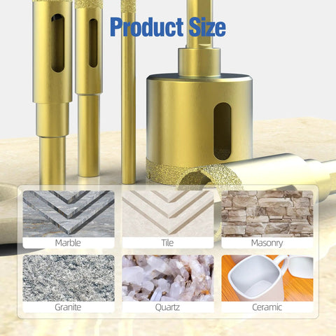 Heavy Duty Three Piece Diamond Drill Bit Hole Saw Kit For Smashing Through Ceramic Tile Granite Marble And Glass Bottles Without Breakage Plus Knockout Cutting Power Measures Two Fifth To Four Fifth Inches Wide with product size details.