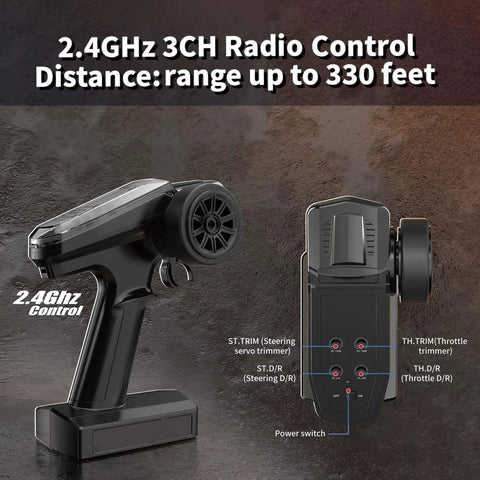2.4 GHz remote controller for 1/18 Scale Fast RC Car For Adults, 4WD All Terrain Beast Off Road Truck, featuring control range details