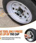 Top Tier Trailer Dust Cap Installation And Removal Tool For 2.72 Inch Axle Grease Cover Puller applied to wheel cap for maintenance.