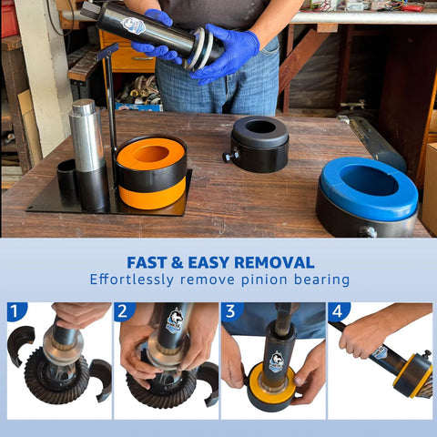 HKTE carrier and pinion bearing puller in use with clamshell carrier bearing puller on a workbench.