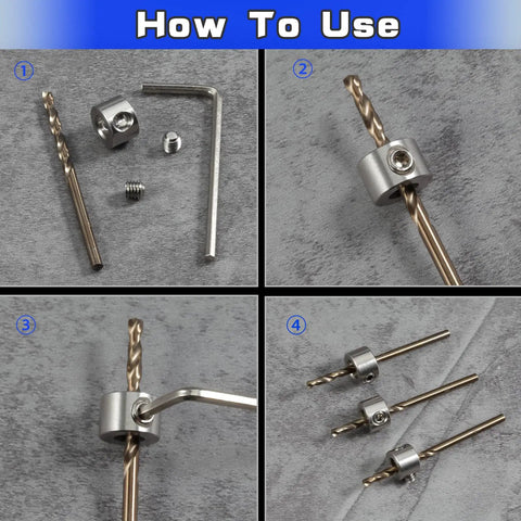 Depth Stop Collar Set For Drill Bits 3 To 16 Millimeters, 12-Piece Stainless Steel Kit use and components with hex wrenches