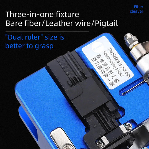 Precision Optical Fiber Cleaver FC-6S With Built-In Shred Collector For 250um To 900um Coating close-up showing three-in-one fixture for fiber cutting.