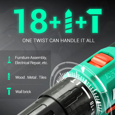 Close-up of 20V Cordless Hammer Drill Kit With 354 In Lb Torque Beast Power And Precision One Half Inch Keyless Chuck showing settings