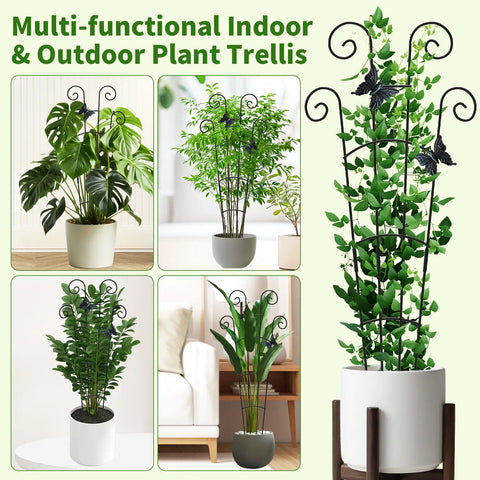 2 Pack 30 Inch Tall Plant Trellis For Potted Climbing Plants Indoor And Outdoor Expandable Metal Trellis with greenery displayed